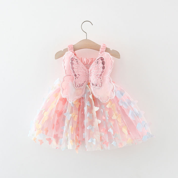 Summer New Pink Baby Girl Dress Sweet Butterfly Baby Sling Dress Wedding Party Girl Children'S Clothing (0-3 Years Old)