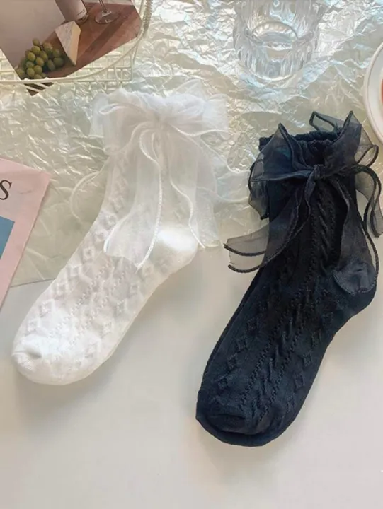 Socks%20For%20Women%20Summer%20Cotton%20Blend%201%20Pair%20Ruffle%20Bowknot%20Cute%20Casual%20Style%20Black%20and%20White%20-%20Image%202