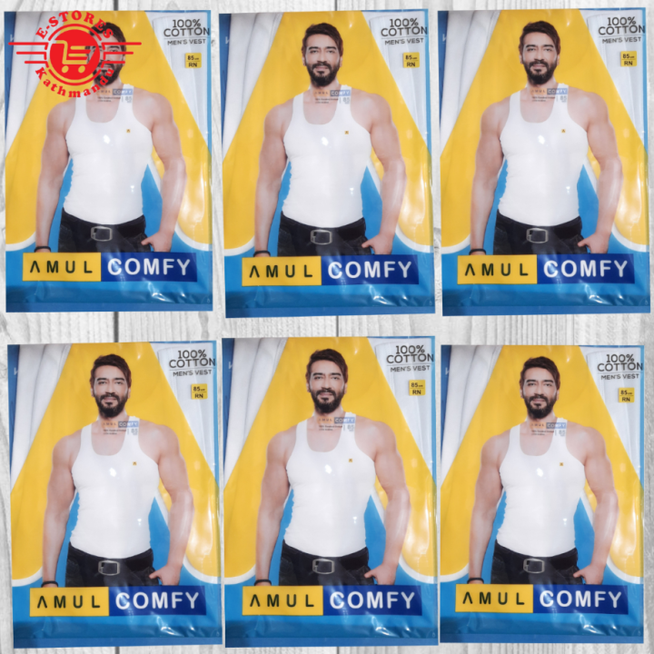 Pack Of 6pcs Amul Comfy Men's Vest 100% Cotton RN
