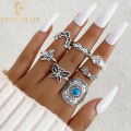 Enacolor 7Pcs/Set Retro Silver Geometric Carved Butterfly Open Ring Set for Women, Ethnic Joint Rings  Fashion Jewelry Accessories. 