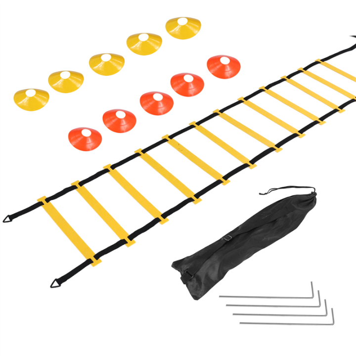 Sports Speed Agility Training Set 12 Disc Cones 4 Steel Stakes and Agility Ladder for Football Basketball Rugby Track