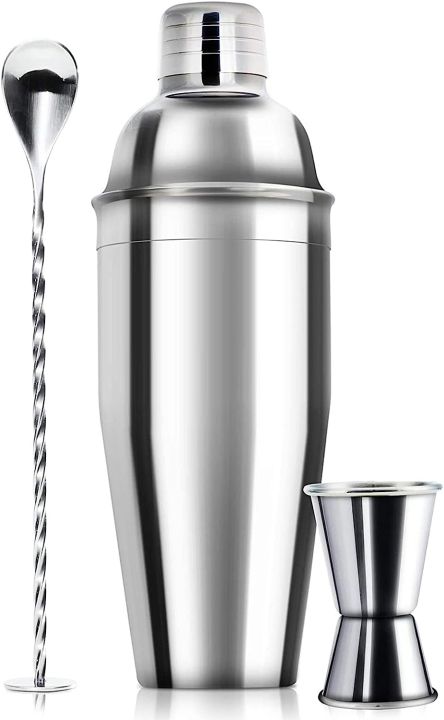 3 Piece Set Of Cocktail Shaker / Jigger Glass & Big Mixer Spoon