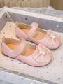 1 Pair Girls Flat Shoes, Pink Comfortable Versatile Hook And Loop Bow Ballerina Dance Shoes. 
