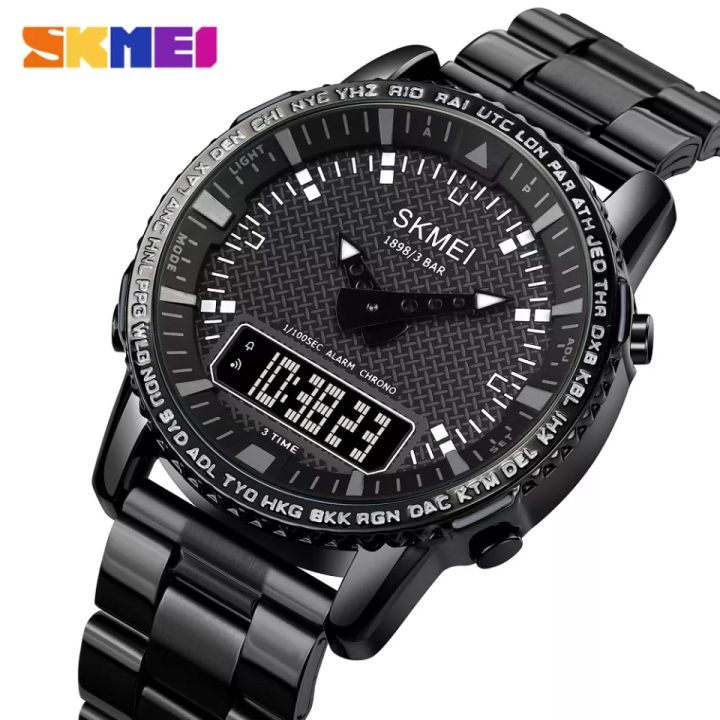 SKMEI 1898 Men's Outdoor Watch Multifunction Stainless Steel W/ 3 Time