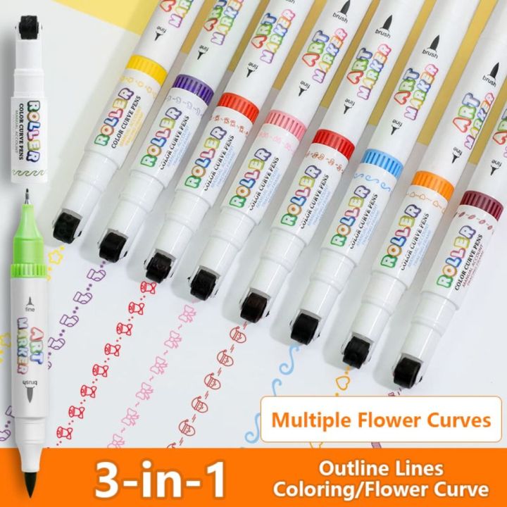 Multifunction Flower Outline Roller Curve Pen 3-in-1 Multi-Function Markers Pen Graffiti Drawing Tools Highlighter Pens School Office