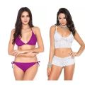 Set of Two Stylish Women Bra Panty Set Free Size Purple and White Color. 
