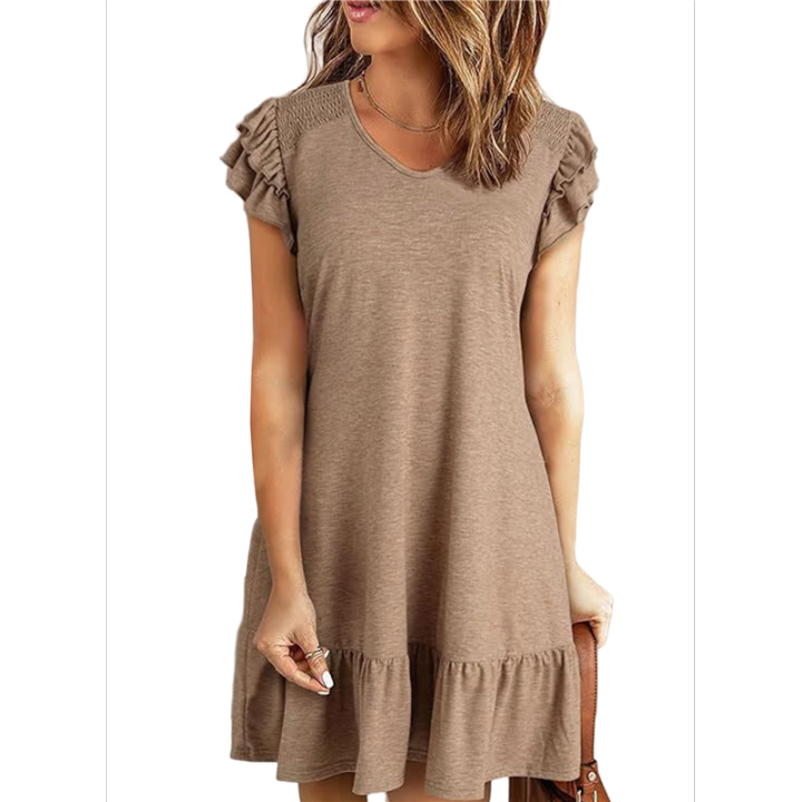 Women V Neck Summer Dress Khaki L
