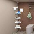 4 Tier Height Adjustable Tension Pole Plastic Tray Bathroom Organization Corner Rack Shelves With Towel Pole. 
