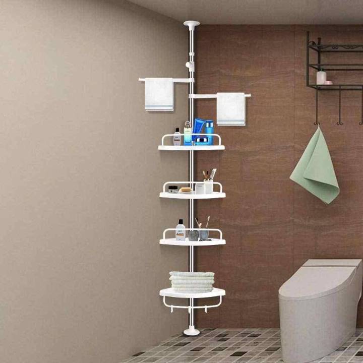 4 Tier Height Adjustable Tension Pole Plastic Tray Bathroom Organization Corner Rack Shelves With Towel Pole