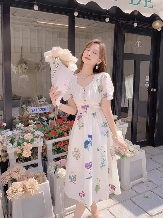 Off%20White%20Puff%20Short%20Sleeve%20Printed%20V-Neck%20Vintage%20Temperament%20Bohemian%20Floral%20Fairy%20Dress%20For%20Women%20-%20Image%202