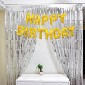 Silver Metallic Foil Curtain Pack Of Two + Happy Birthday Foil Balloon Gold Color. 