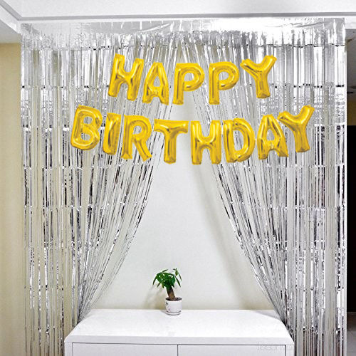 Silver Metallic Foil Curtain Pack Of Two + Happy Birthday Foil Balloon Gold Color