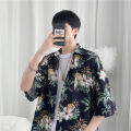 Tookss Men Shirt Cotton Blended Retro Style Floral Printed Short-sleeved Hawaiian Seaside Beach Couple T-shirt color. 