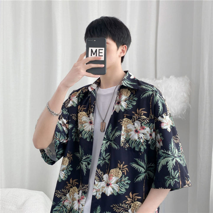 Tookss Men Shirt Cotton Blended Retro Style Floral Printed Short-sleeved Hawaiian Seaside Beach Couple T-shirt color