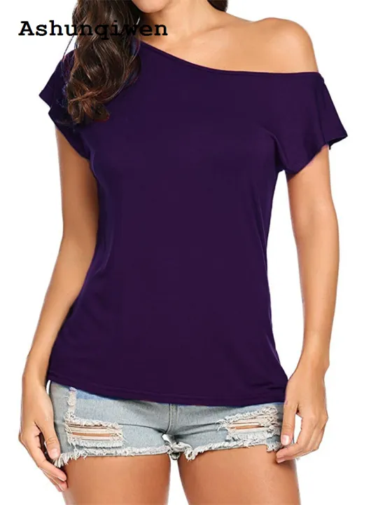 Ashunqiwen%20Affordable%20New%20specials%20Women's%20One%20Shoulder%20Off%20Tee%20Tops,%20Short%20Sleeve%20T%20Shirts,%20Basic%20Loose%20Shirt,%20Solid%20Casual%20Clothes,%20Summer%20Fashion%20-%20Image%203