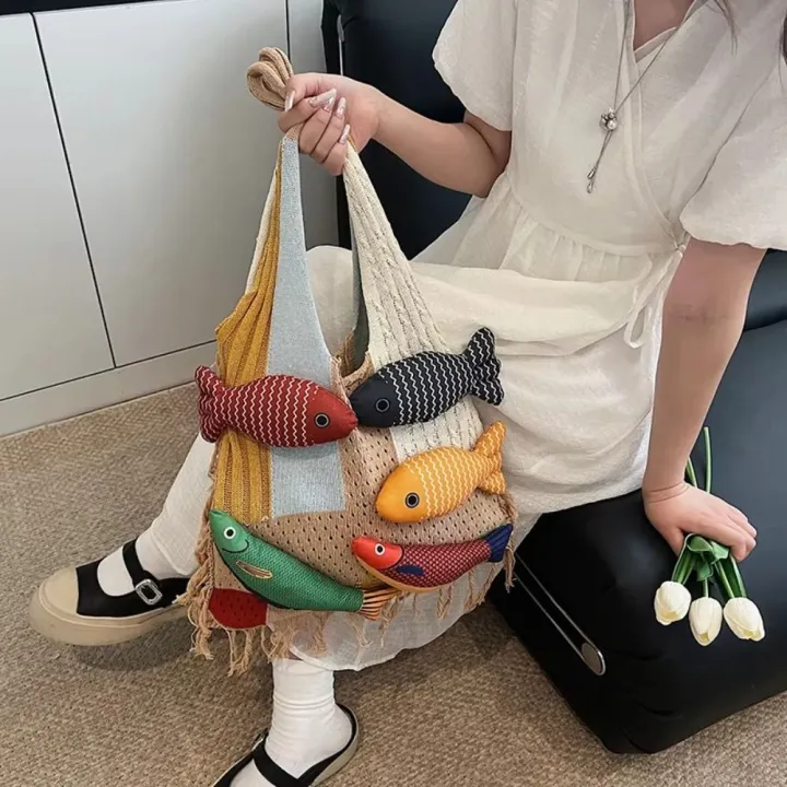 New%20Little%20Fish%20Shoulder%20Bag%20Handmade%20Large%20Capacity%20Versatile%20Tote%20Bag%20Summer%20Cotton%20Cute%20Relaxed%20Knitted%20Bag%20Casual%20Outing%20-%20Image%204