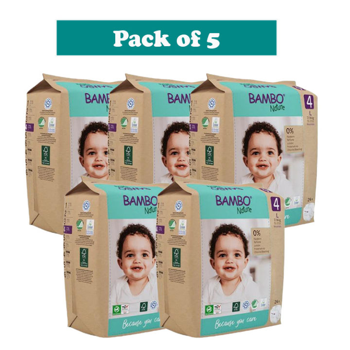 Bambo Nature Baby Diapers Size 4 L (7–14 kg) – 24 pcs (Pack of 5) Tape Style | Eco-Friendly, Soft & Sensitive Skin Safe Diapers