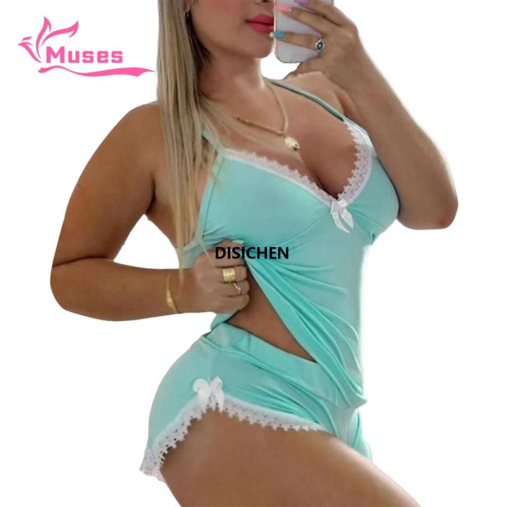 DISICHEN%20Muses%20Mall%20Women%20Loungewear%20Set%20Lace%20Trim%20Cami%20Shorts%20Pajama%20Set%20for%20Women%20V%20Neck%20S%20veless%20Top%20S%20pwear%20Set%20for%20Home%202%20Piece%20Lace%20Nightwear%20Set%20Two-piece%20Pajamas%20for%20Women%20Luxury%20-%20Image%202