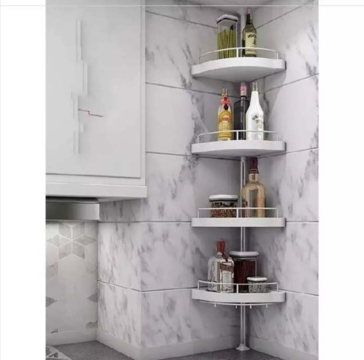 4 Tier Height Adjustable Tension Pole Plastic Tray Bathroom Organization Corner Rack Shelves With Towel Pole
