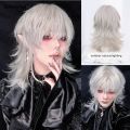 Sutuiying 16Inch Silver White Color Handsome Synthetic Wig With Bang Medium New style Natural Wavy Hair Wig for Man or Women Cosplay Heat Resistant. 