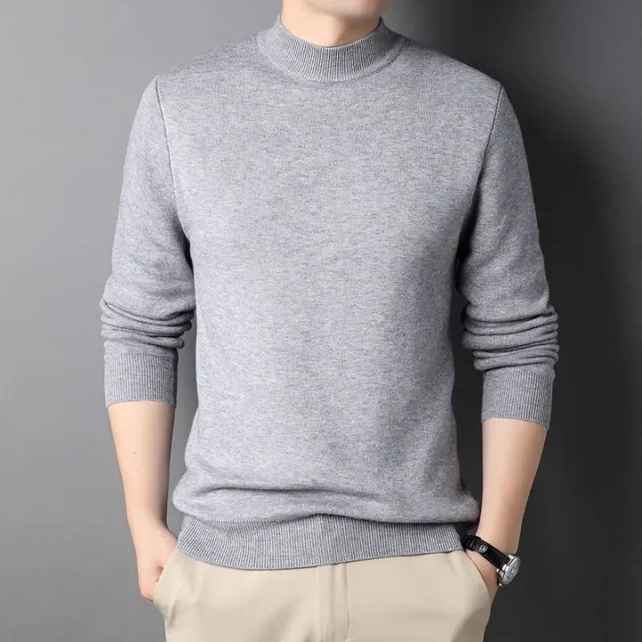 Winter Sweater Half Turtleneck Solid Color Inside Fur Sweaters for Men