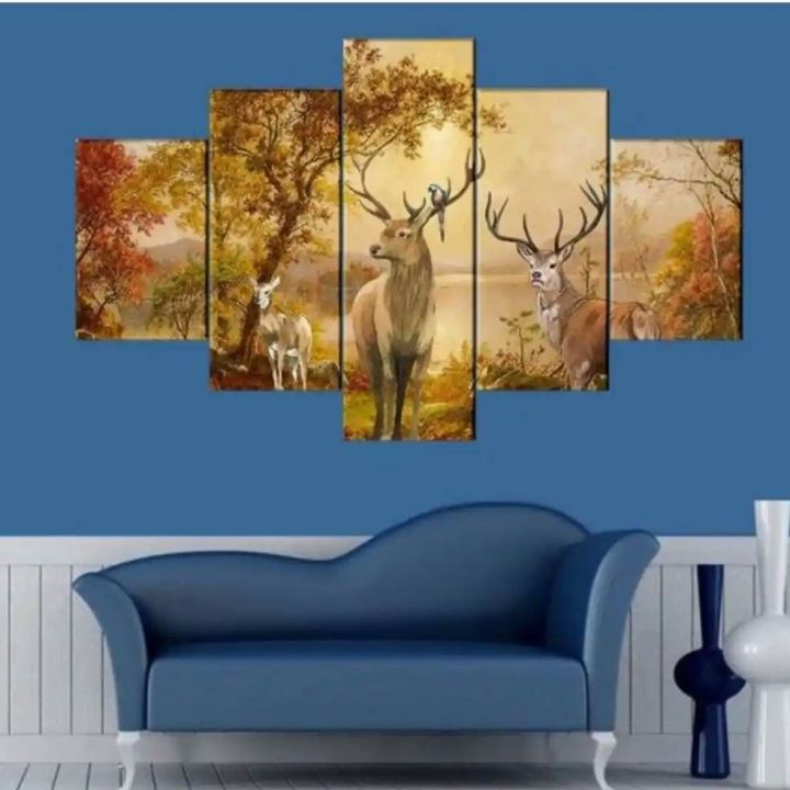 5 Piece Panel Deer Wall Hang Real Canvas Print With Wooden Back Frame ...