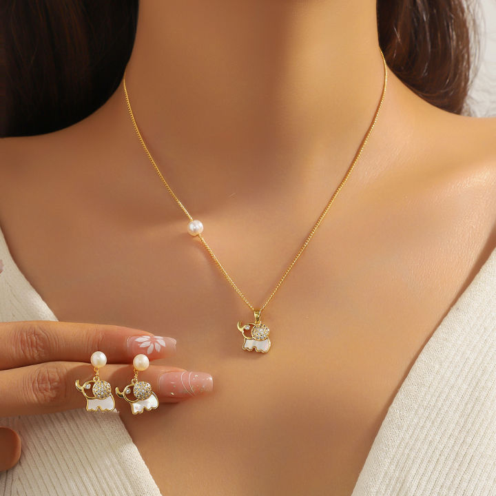 【Mega Sale】Women's New Style National Style Elephant Necklace Natural Freshwater Pearl Earrings suit Clavicle