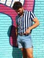 Soft Cotton Linning Print Half Shirt For Men - White With Blue Linning | Fashion Linning Print Half Shirt For Men. 