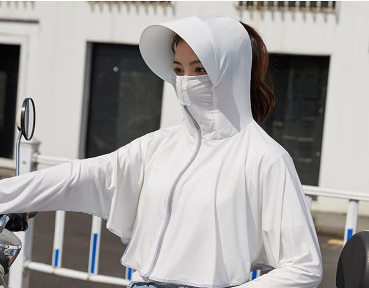 Breathable Sports Cloak Style Long Sleeve Jacket Anti-UV Large Brim Hat Riding Sunscreen Hoodie Cooling Crop Top For Women