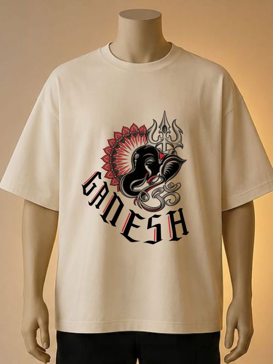 Lord Ganesha Graphic Print | Trishul & Om Spiritual Casual Printed T shirts | Cream, Brown, White