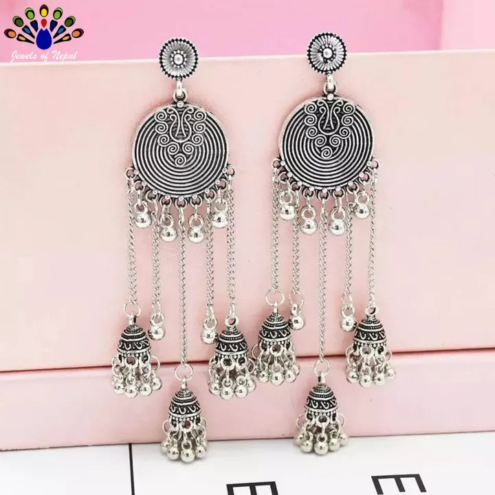 Silver%20Antique%20Toned%20Boho%20Chain%20Tasseled%20Bell%20Fall%20Jhumka%20Earrings%20-%20Jewels%20of%20Nepal%20-%20Image%202