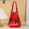 Cute Red Knitted Bucket Bag Handmade Large Capacity Wrist Bag Woven Ring Buckle Star Tote Bag for Women Girls. 