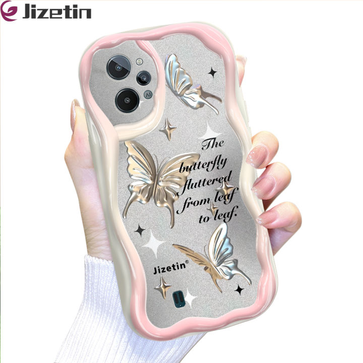 Jizetin for Realme C31 Back Cover Golden Butterfly Cream Wavy Edge Soft Silicone Phone Case