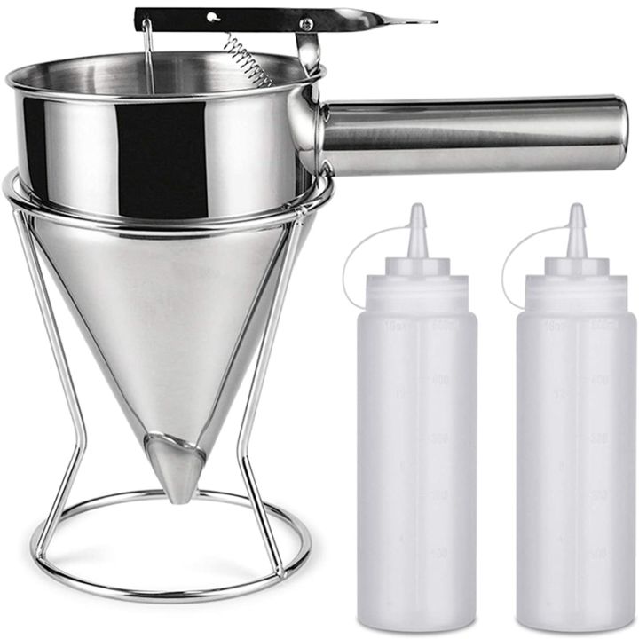 Batter Dispenser Pancake Batter Dispenser, Stainless Steel Stirring Batter Separator Funnels with Handle & Rack