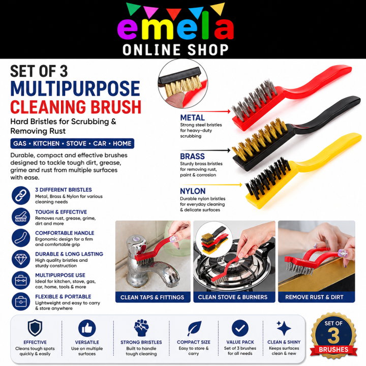 Set of 3 Multipurpose Cleaning Brush with Hard Bristles for Scrubbing Removing Rust from Gas Wall Frames Car Kitchen Stove Kitchen Tool