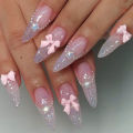 Pointed nails oval design flowers wear bow pink nails almond 24Pcs pressed nails long french belt manicure full coverage. 