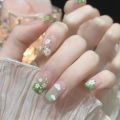 24Pcs Spring Lovely Short Green Flower Fake Nails with Glue DIY Art Design False Nails Wearable Nails Stylish Pattern Artificial Nails. 