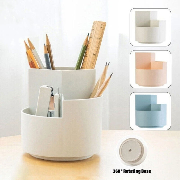 Large Capacity 360° Rotating Pen Holder Desk 3-Grid Pencil Storage Box ...