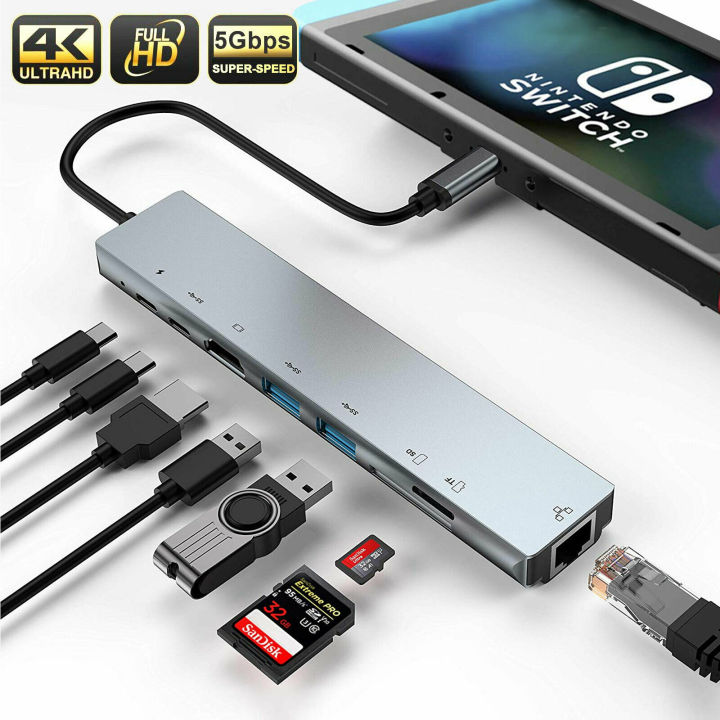 8 In 1 Type C To USB-C 4K HDMI Adapter USB 3.0 Multiport Cable Hub ...