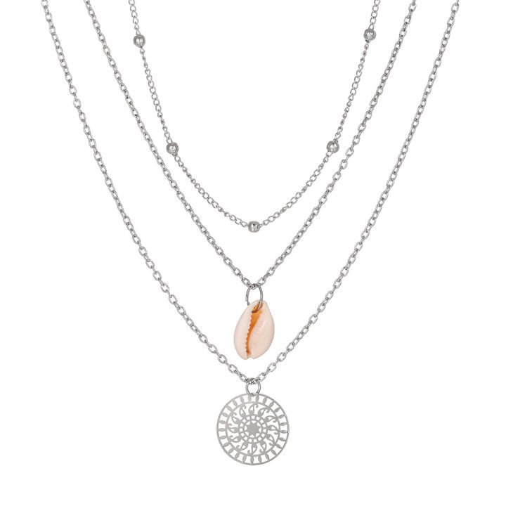 【Good sharing!】Bohemian Style Shell Hollow Round Bead Combination Multi-layer Necklace Hollow Round Carved Three-layer Necklace Female
