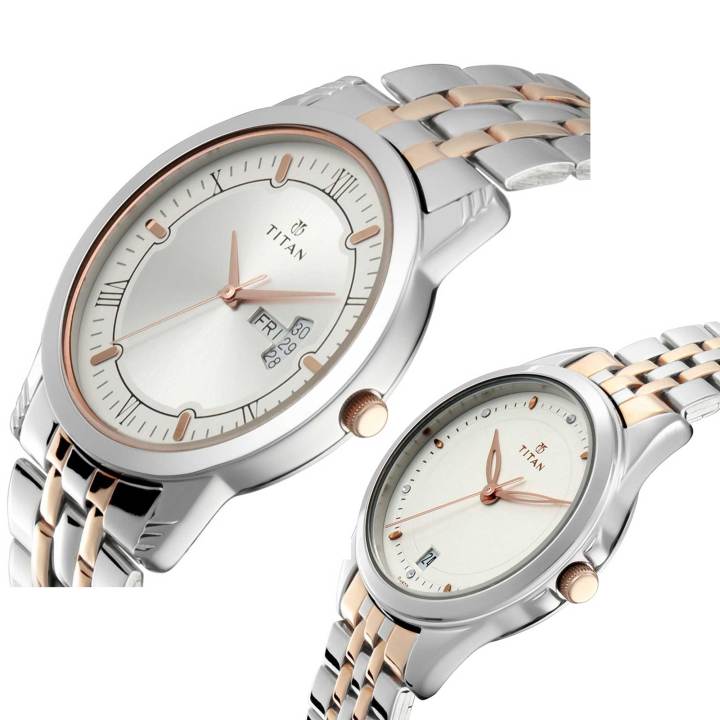 Titan Bandhan Quartz Analog with Day and Date Silver Dial Stainless Steel Strap Watch for Couple 17742565KM01