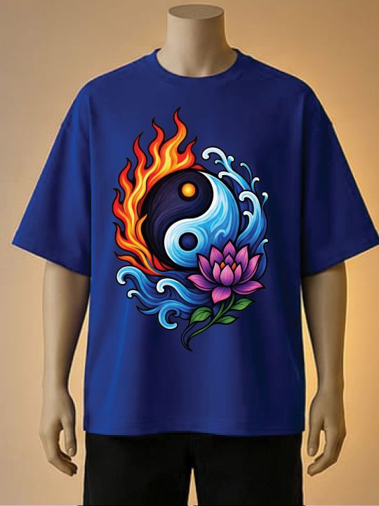 Yin%20Yang%20Lotus%20%7C%20Fire-Water%20Art%20Printed%20T-Shirt-Blue,%20Black,%20Brown%20-%20Image%202