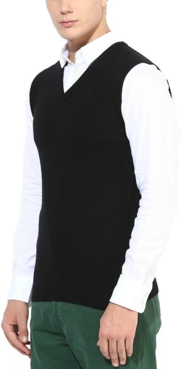 Solid%20V%20Neck%20Formal%20Black%20Half%20Sleeve%20Woolen%20Sweater%20For%20Men%20-%20Image%203