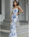 Claire Women’s Blue Floral Bodycon Maxi Dress | Sleeveless Slim Fit Summer Party Dress | Elegant Square Neck Evening & Wedding Wear. 