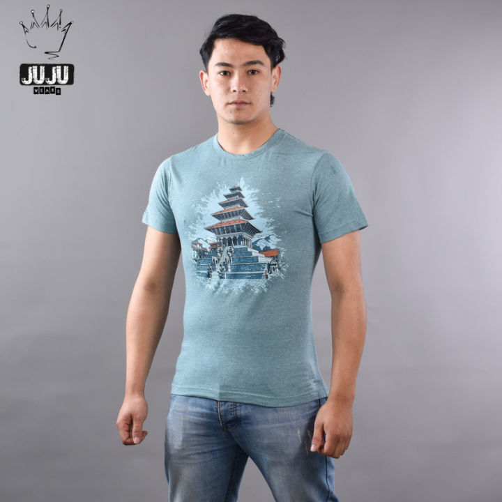 JUJU%20Wears%20Aqua%20Melange%20Colour%20Nyatapola%20Printed%20Cotton%20Tshirt%20For%20Unisex%20-%20Image%204