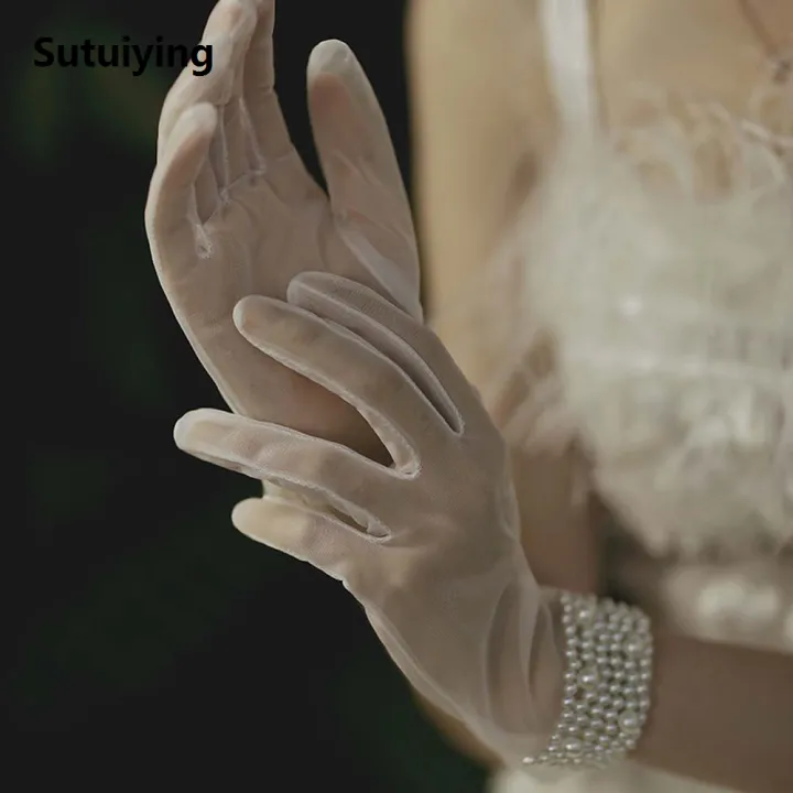 Sutuiying%20Hand-made%20Summer%20Girl%20Bridal%20Women%20Short%20Wedding%20Gloves%20Bow%20Tulle%20Mittens%20Finger%20Gloves%20-%20Image%203