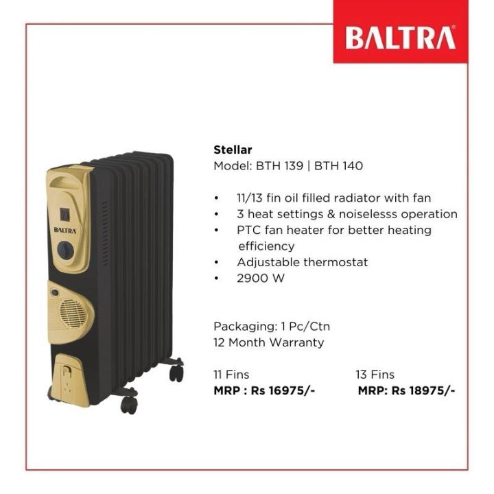 Bathra Rll Radiator Baltra Stellar 2900W Oil-Filled Radiator with Fan (11/13 Fin, Model BTH ...
