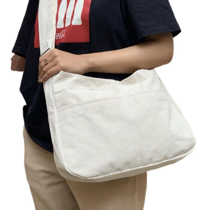 Plain Hobo Bag for Women - Off White and Black | Cotton Canvas Hobo Bag With Zipper and Adjustable Straps For Women