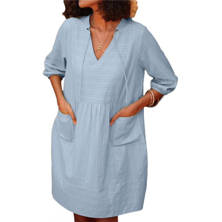 Womens V Neck Cotton Casual Loose Shift Tunic Smock Summer Dresses Vacation  Dress 3/4 Sleeve Pocket | Daraz.com.np