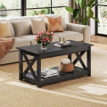 Black Cross Coffee Table for Living Room, 40" Center Table with X-Frame Support & Storage Shelf, 2-Tier Wood Coffee Tables for Bedroom. 